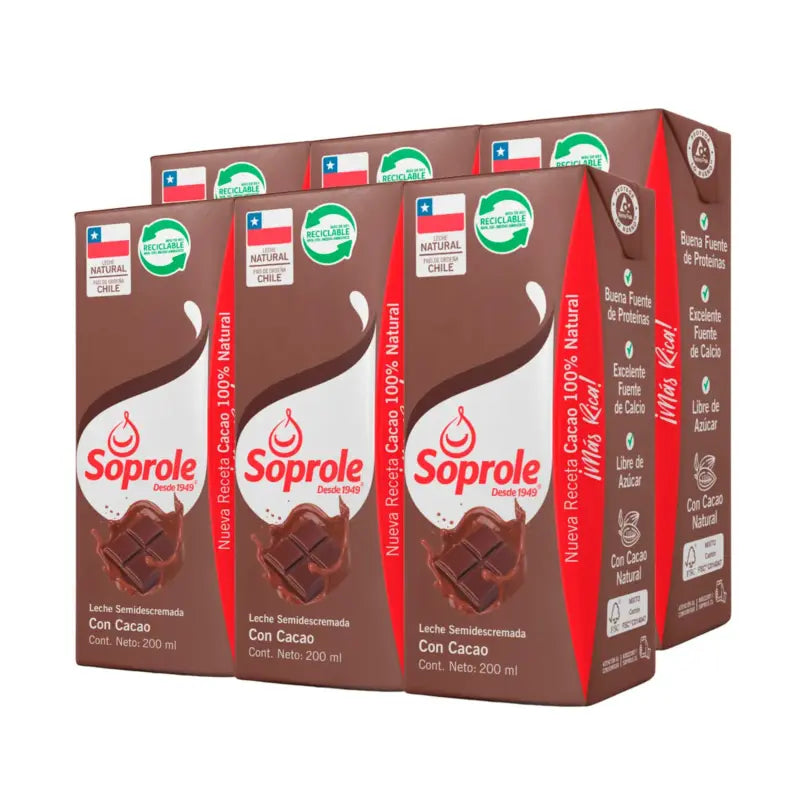 Pack 6 unid leche soprole semidescremada chocolate