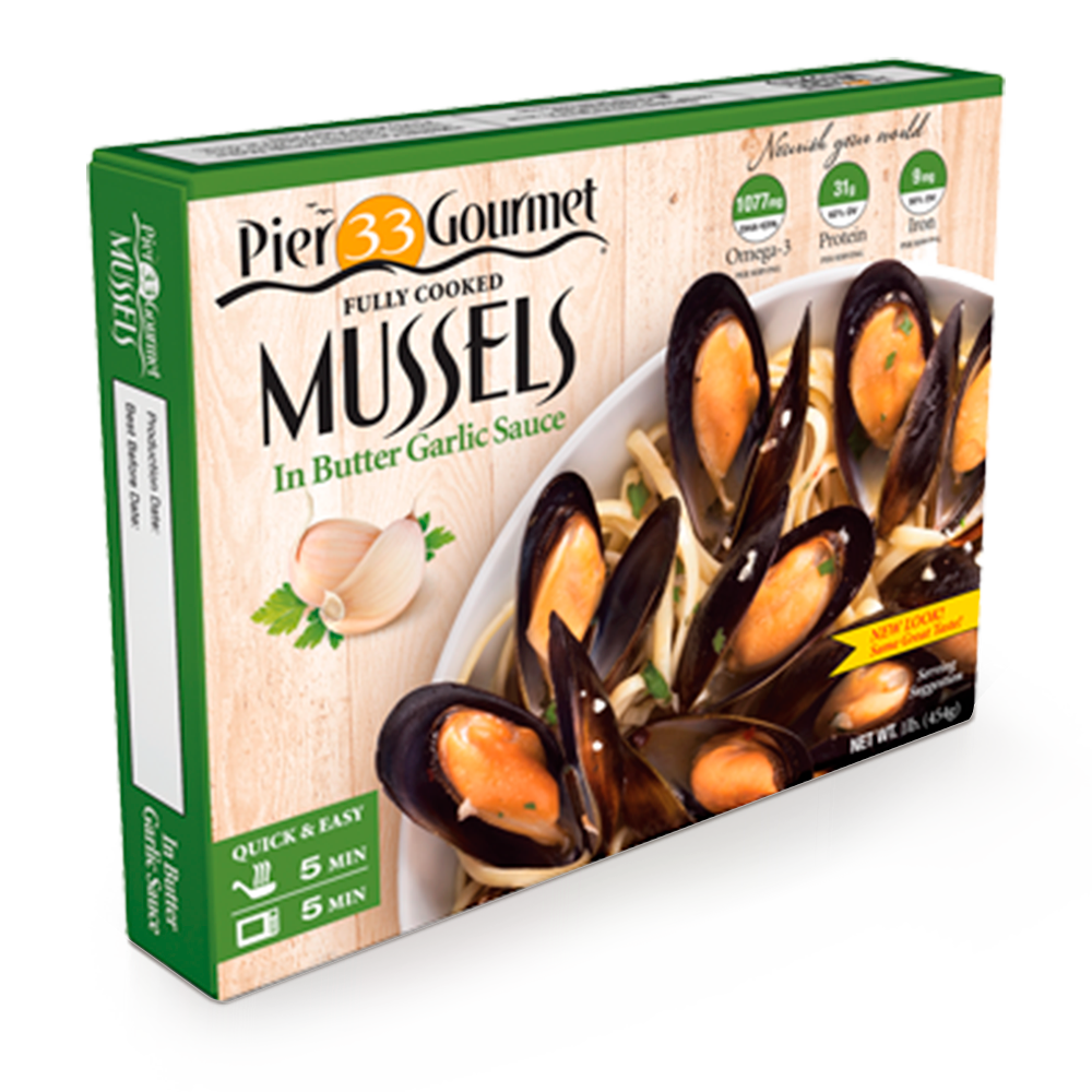 Mejillones  en Concha en Mantequilla y Ajo Pier 33 Gourmet 454 Gr.