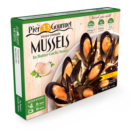 Mejillones  en Concha en Mantequilla y Ajo Pier 33 Gourmet 454 Gr.